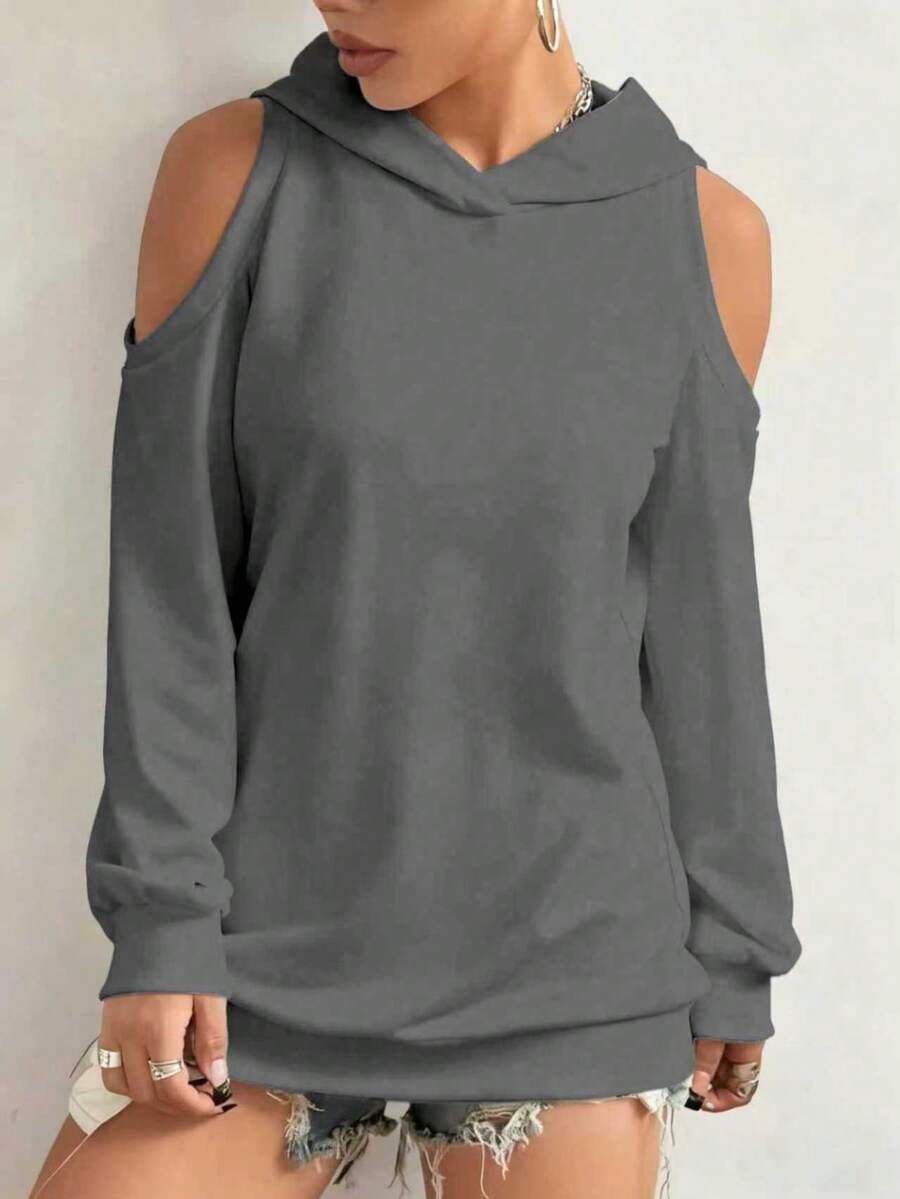Áo hoodie dài tay trễ vai màu trơn dành cho nữ cỡ lớn - Màu xám đen - Xem 1