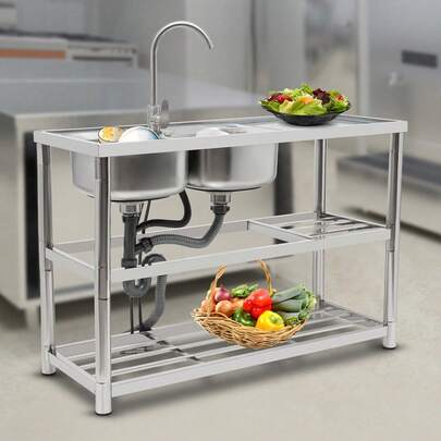 201 Stainless Steel Brushed Double-Bowl Freestanding Kitchen Sink 360° Rotatable Faucet Easy Clean High Load-Bearing For Home Garage Restaurant