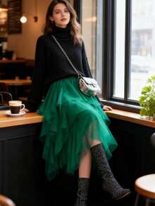 大码不对称网纱半身裙，女士高腰百搭显瘦多层薄纱半身裙，2025秋冬新款春季上市 - 墨綠色 - 查看 2