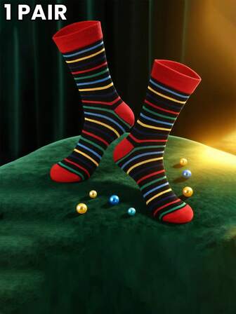 1 Pair Of Men's And Women's Mid-Calf Socks With Stripes And Geometric Patterns, Gradient Street Style Fashion Socks, Sweat-Absorbing, Breathable, Comfortable, Odor-Resistant Casual Socks