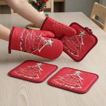 Manoplas y agarraderas navideñas con bonito estampado, antideslizantes y resistentes al calor, para cocina - Rojo coral - Ver 4