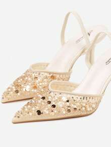 Open-Toe Pumps With Pearl And Sequin Appliques - Beige - View 4