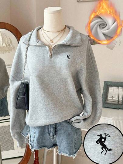 Women's Autumn/Winter New All-Match American Simple Small Logo Horse Print Casual Half-Turtleneck Zipper Sweatshirt, Fashion & Versatile