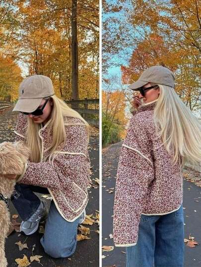 女士印花立领休闲长袖羽绒服，优雅乡村风格，适合秋季、冬季、万圣节、圣诞节、沙特国庆日、外出等场合