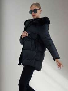 Áo khoác dài nữ, ấm áp cho mùa đông, kiểu dáng ôm sát có mũ trùm đầu bằng lông nhân tạo - màu đen - Xem 4