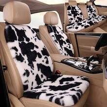 1pc Thick Cow Print Plush Car Seat Cushion, Universal Fit - Black and White - View 2