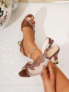 Giày sandal cao gót lưới dự tiệc cho nữ, giày quai ngang hở mũi thời trang, giày cưới gót mỏng đính đá lấp lánh, giày cao gót mũi tròn thoải mái và gợi cảm. - màu nâu - Xem 7
