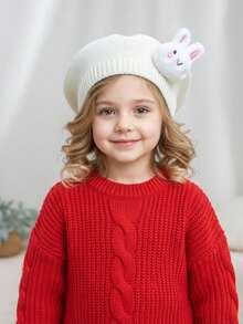 1 pieza Boina de conejo para niñas, boina de invierno cálida, boina de conejo tejida linda, de vuelta a la temporada escolar, otoño/invierno, sombrero decorativo para niñas, boina de pintor - 1PC - Ver 7