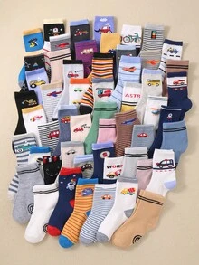 6/10/20 Pairs Random Kids Ankle/Crew Socks, Suitable For Daily Wear/Matching, For Boys & Girls, Patterns Include Airplane, Stripe, Car, Tractor, Embroidery Print, Breathable, Comfortable, Soft (1-16 Years Old) - Multicolor - View 3