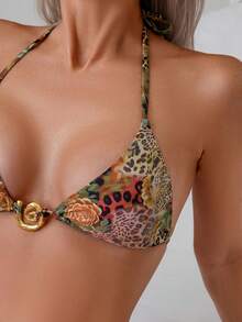 Vintage Print Halter Bikini Metal Spiral Decoration Sexy Low Waist Triangle Cup Swimsuit Set - Màu Khaki - Xem 4