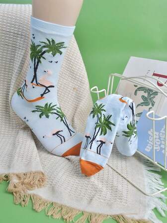 1/2 Pair Men/Women Flamingo Patterned Socks, Interesting Personalized Cartoon Cute Mid-Calf Socks, Comfortable & Durable, Colorful, Suitable For Daily Wear, All Season