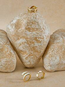 Opalesca 3pcs/Set Fashionable Asymmetrical Stainless Steel Artistic Paint Ring Set, Stylish Design For Women Daily Wear - Yellow Gold - View 3