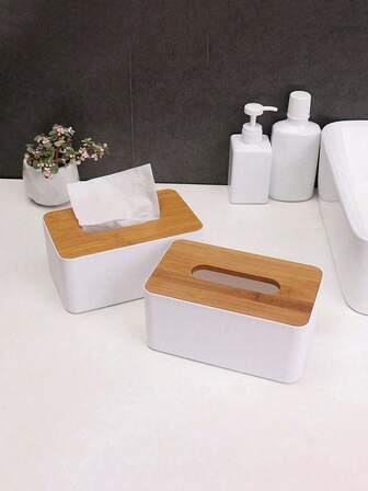 1pc Solid Color Bamboo Lid Tissue Box, Bamboo & Wood Lid Paper Box Tissue Holder, Square And Round Tissue Box, Wooden Storage Box, Home Decor For Dining Table, Disposable Paper Napkin Holder, Bamboo Rectangle Napkin Rack