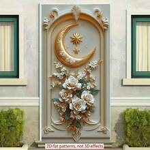 2D Polyester Ramadan Door Banner 1pc Exquisite Wall - Art: Golden Crescent Moon With Stars And Elegant Floral Arrangement Eid Al-Fitr Photo Props And Supplies, Suitable For Muslim Ramadan And Eid Al-Adha Celebrations, Islamic-Themed Holiday Decorations