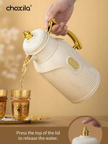 1pc Large-Capacity Insulated Kettle, Gold-Plated Style Teapot, Coffee Kettle, Hot Water Bottle, Press-Type Glass Inner Liner Insulated Flask