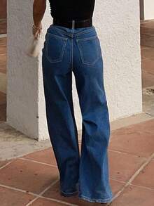 时尚超长阔腿牛仔裤，女士休闲风格，中等弹力，带口袋和拉链纽扣门襟 - 深色水洗藍 - 查看 5