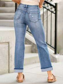 全新女式时尚弹力破洞修身牛仔裤，带口袋 - 时尚弹力直筒牛仔裤