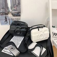 1pc Camera Graphic Black & White PU Material Zipper Closure Korean Style Personalized Men's Shoulder Messenger Bag, Large Capacity Hard Shell Small Square Multifunctional Handbag Festival Valentine'S Day