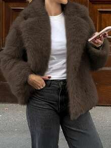 女式秋季休闲优雅圣诞皮草大衣 - 深棕色 - 查看 6