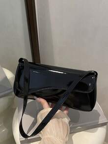 时尚纯色亮面不对称腋下单肩包，百搭优雅简约翻盖手提包，适合购物、收纳钱包，适合年轻女性、大学生、职场新人、上班族女性。也适合办公室、大学、工作、商务、通勤、户外活动、旅行和户外郊游等场合。 - 黑色 - 查看 3