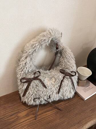 Bolso de mano esponjoso con lazo, diseño suave y esponjoso adecuado para niñas y mujeres, perfecto para la universidad y la oficina, opción ideal para otoño/invierno