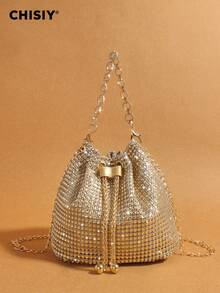 Handmade High-End Metallic Bracelet With Rhinestones, Luxurious Gold PVC & Fabric Fashion Bucket Bag, Elegant Large Capacity Women's Commuter Bag, Versatile Minimalist Handbag, Suitable For Halloween, Christmas, Office, Shopping, Travel, Formal Events, Autumn/Winter - 金色 - 查看 1