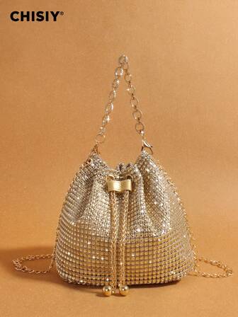 CHISIY Handmade High-End Metallic Bracelet With Rhinestones, Luxurious Gold PVC & Fabric Fashion Bucket Bag, Elegant Large Capacity Women's Commuter Bag, Versatile Minimalist Handbag, Suitable For Halloween, Christmas, Office, Shopping, Travel, Formal Events, Autumn/Winter