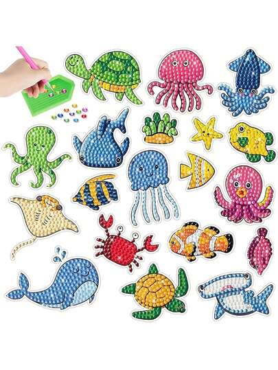 Round Crystal Diy Ocean Animal Diamond Painting Sticker Set - Includes Gemstone Tools, Crafts, Cartoon Animal Decorative Stickers, Diy Crystal Rhinestone Mosaic Diamond Painting Set, Crystal Diamonds, Home Wall Decorations, Handmade Gifts