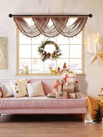 1pc Sheer Voile Curtain, Light Coffee Color, Minimalist Castle Vintage Style With Pearl Trim, Suitable For Living Room, Bedroom, Kitchen Windows And Doors Decor