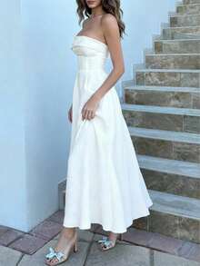 Floreya 优雅浪漫约会法式露肩连衣裙，优质收腰休闲修身中长连衣裙，适合婚礼季节 - 米色 - 查看 3