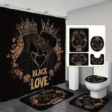 4pcs Black Love Shower Curtain Set, Golden Crown And Heart Print Bathroom Decoration, Bathroom Accessories Include Bath Mat, U-Shaped Mat, Toilet Seat Cover, 70, 87x 70, 87inch, Shower Curtain With 12 Hooks, "Love, Black", Best For Christmas, Bathroom Decorations, Christmas Decorations, Black Girls - 4 cái (71*71 inch) - Xem 11