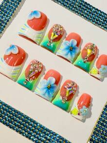 3D Flower Press On Nails, Pastel Gradient, Rhinestone Accents, Sweet Floral Design, Salon Quality Wearables Summer Easter - 許多 - 查看 1