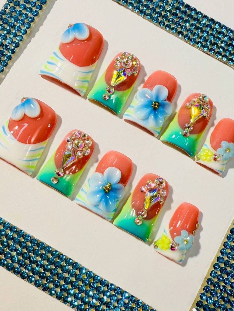 3D Flower Press On Nails, Pastel Gradient, Rhinestone Accents, Sweet Floral Design, Salon Quality Wearables Summer Easter - 許多 - 查看 1