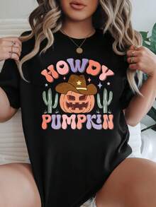 Camiseta de mujer con estampado de calabaza de Halloween, sombrero de vaquero, cactus, texto colorido, camiseta gráfica de calabaza, disponible en negro y blanco, atuendo casual de otoño, de disfraces, tops de verano, camisetas gráficas, atuendos de verano para mujeres, camisetas gráficas, tops cortos para mujeres, tops para mujeres, ropa vintage de algodón, ropa linda de, atuendo de Navidad para mujeres, vestidos elegantes de mujer - Negro - Ver 1