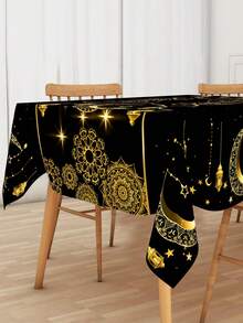 1件斋月节派对桌布，斋月吉祥桌布，月亮曼陀罗花卉图案，黑色金色长方形140*180厘米涤纶餐桌布，适用于4-6人餐桌，节日装饰，开斋节装饰，开斋节和宰牲节庆祝活动 - 彩色 - 查看 5