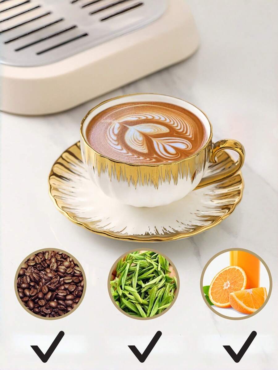 1 Set Ceramic Coffee Cup & Saucer With Gold Rim, Elegant Tea Set, Suitable For Living Room, Cafe, Kitchen, Office, Cup, Ramadan, Saudi Premium Coffee Cup