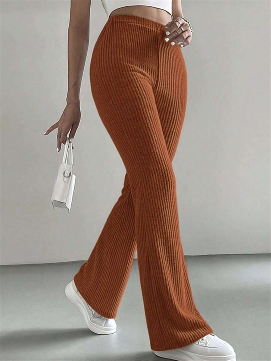 Women's Solid Color Ribbed Elastic Waist Elegant Pants - Orange - View 1