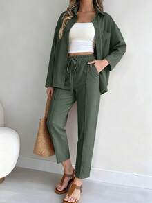 2 件套女式纯色纽扣前口袋长袖上衣和系腰长裤套装