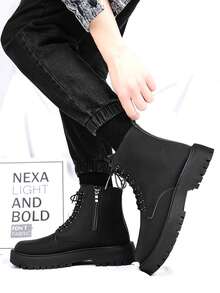 男士秋季皮靴，防水高帮黑色皮鞋，复古休闲英伦风登山工作靴 - 黑色 - 查看 9