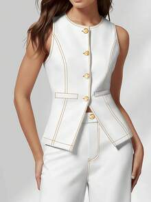 HOMEYEE 女士圆领背心套装搭配休闲商务裤，两件套，白色，春季款 - 白色 - 查看 12