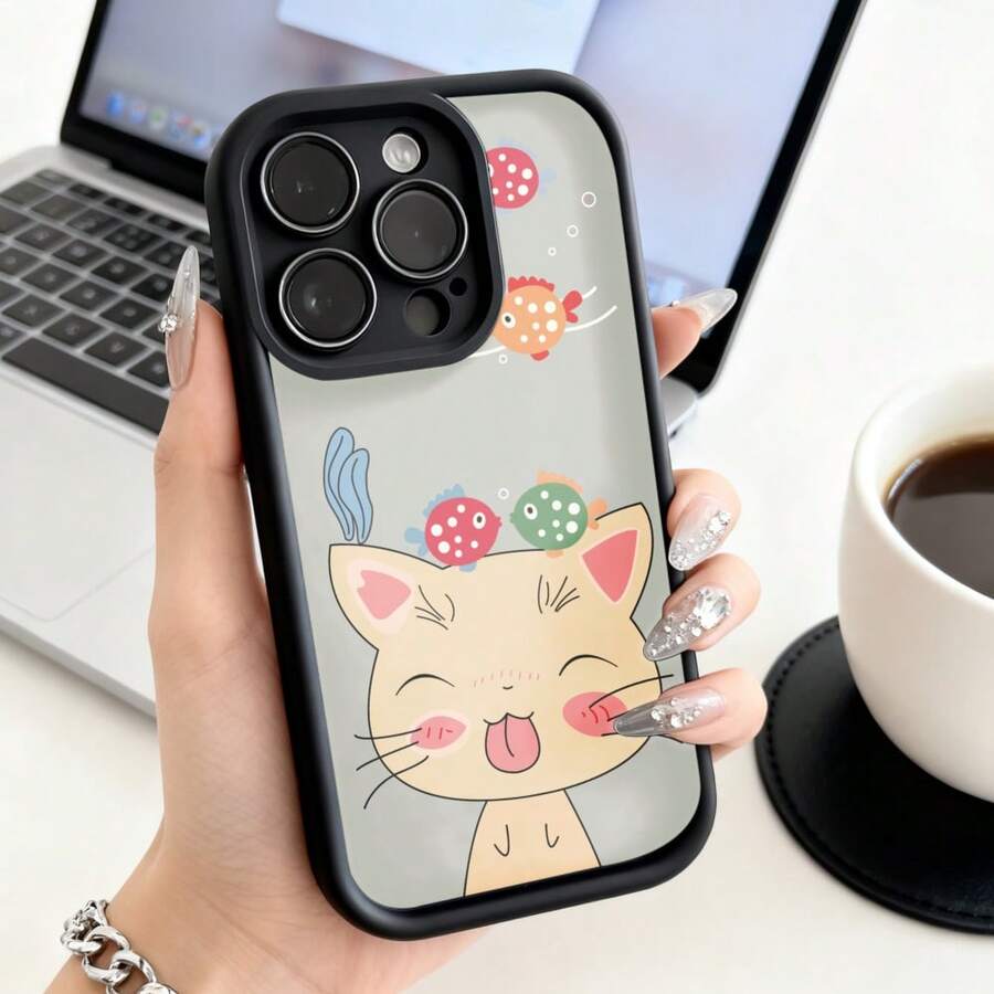 Funda de teléfono con estampado de gato, pez y puntos para  15 Pro Max,  14 Plus,  13 Mini,  Galaxy S23 Ultra, S22, S21, funda de pareja, regalo para novio, novia, regalo de vacaciones - Burdeos - Ver 1