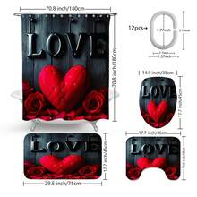 1pc/3pcs/4pcs Valentine's Day LOVE Rose Flower Heart Multifunctional Bathroom Decor Shower Curtain Set, Free 12 Hooks Included, Elegant Holiday Atmosphere, Bathroom Mat, U-Shaped Toilet Mat And Round Toilet Mat, Suitable For All Scenarios Bathroom Set - Multicolor - View 3