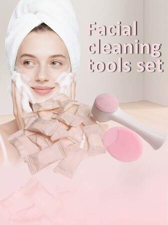 22pcs 1 Cleansing Brush, 1 Facial Brush, 20 Compressed Towels Double Sided Face Wash Brush With Soft Bristles, Portable Face Wash Brush, Manual Face Wash Brush, Facial Cleansing Tool, Deep Cleansing