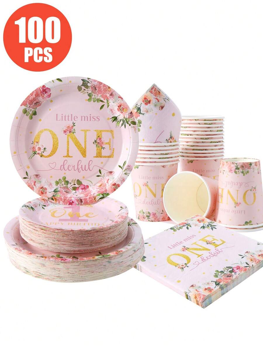 100/25/10pcs Pink Floral Happy Birthday Disposable Plates, Napkins, Cups, Suitable For 1st Birthday Floral Theme Party Supplies, Serves 25 Guests, Disposable Paper Plates Party Tableware For Birthday, Wedding, Party, Family Picnic - Multicolor - View 1