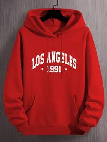 Sudadera con capucha para hombre de Los Ángeles - Sudadera casual de pulóver para hombre con bolsillo de canguro, Colección otoño/invierno, Tela de punto de poliéster, Talla regular, Cuello con capucha, Estirable ligeramente - Moda callejera - Rojo - Ver 1