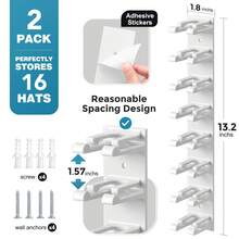 2pcs Hat Organizer For Baseball Caps, Hat Rack For Wall With Strong Adhesive Hat Storage Display Holder, Wall Mounted Hat Hooks Hold Up To 16 Hats For Closet Door And Bedroom, Hat Hangers For Wall Closet Door Bedroom, Home Storage Essentials - 白色/A - 查看 6