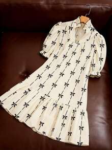 Vestido mini con manga farol, escote en V y lazo, vestido minimalista con estampado, volantes y puños abullonados, vestido casual holgado con pliegues y efecto globo, vestido corto para vacaciones, primavera, verano y otoño - Multicolor - Ver 4