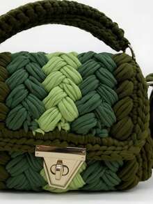 Women's Braided Crochet Bag With Short Handle, Tassel, And Gold Clasp. Structured, Voluminous Crochet, Thick Yarn. - màu xanh lá - Xem 4
