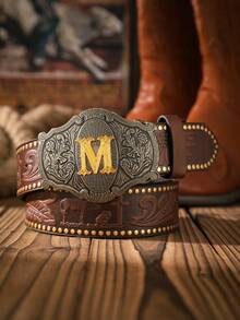 1pc Men's Western Style Letter Buckle PU Leather Belt (Hole Puncher Included) - Yellow Gold - View 23