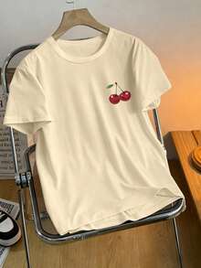 女装夏季新款简约樱桃与口号印花休闲度假风宽松百搭圆领短袖T恤时尚日常上衣适合日常度假穿着。 - 杏色 - 查看 5